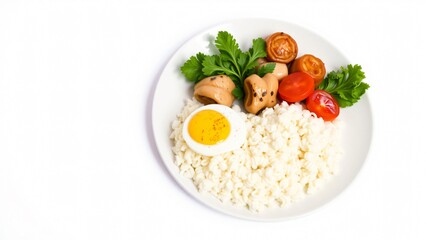 Healthy Breakfast Plate with Rice, Egg, Sausages, and Vegetables