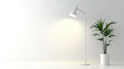Minimalist room, lamp, plant, white wall, interior design