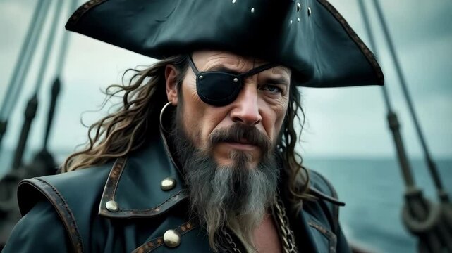 A cinematic-style portrait of a rugged pirate captain on a ship deck, under a cloudy sky, dramatic and adventurous atmosphere