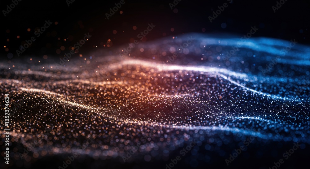 Poster abstract glowing particles forming dynamic waves in dark background