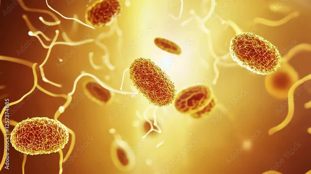 Poster intricate and complex microscopic view of glowing bacteria showcasing beauty and movement of microor
