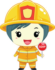 A cute 2D cartoon style firefighter wearing an orange firefighter uniform