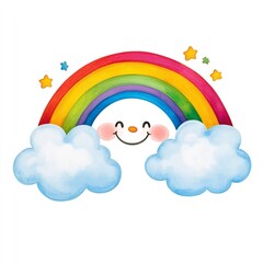 Happy Rainbow with Smiling Sun Clouds Watercolor Illustration Cute Childish Design Perfect for Kids Nursery Decor Bright Colorful Rainbow Art Print   