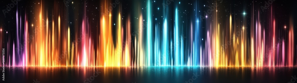 Poster vibrant abstract illustration of colorful vertical lines against a dark starry background