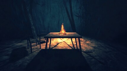 Night campfire on table in dark forest; mysterious scene