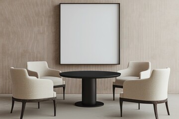 Taupe and ivory dining area, minimalistic with black table, 3D.