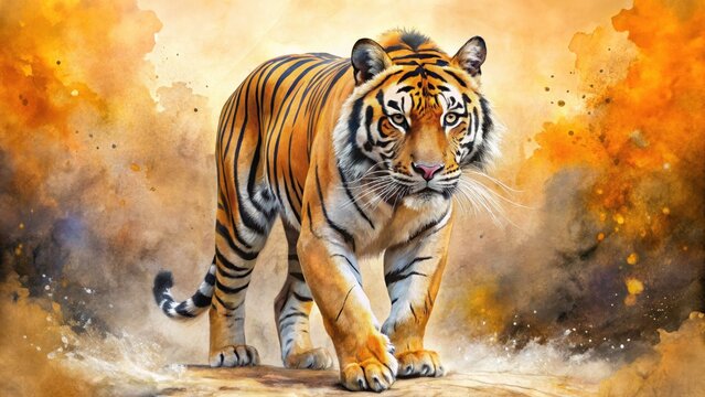 Vibrant Watercolor Tiger Walking Through a Dreamy Background