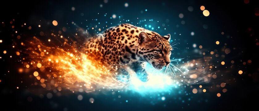 Dynamic Leap of a Leopard with Colorful Sparkles in Dark Background
