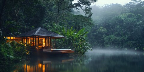 Fototapeta premium Tranquil rainforest retreat with a cozy wooden cabin by a serene river