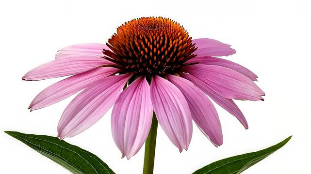 Close-up of a vibrant pink echinacea flower with green leaves against a white background, symbolizing summer and herbal medicine