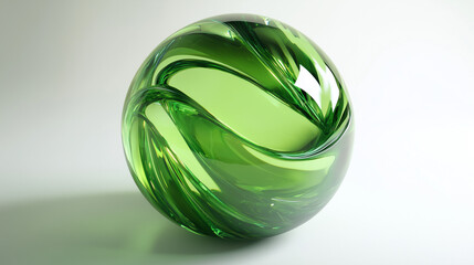 3d rendering of abstract green glass sphere with swirling lines lines on white background, futuristic holographic element