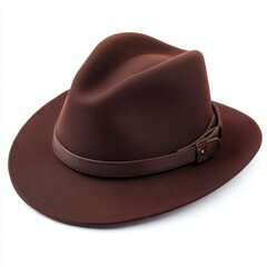 Brown felt fedora hat, leather band, white background, fashion accessory