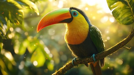 Fototapeta premium Toucan tropical bird sitting on a tree branch in natural wildlife environment in rainforest jungle : Generative AI