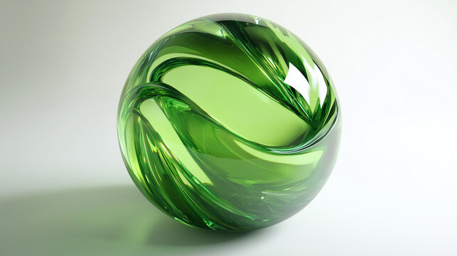 3d rendering of abstract green glass sphere with swirling lines lines on white background, futuristic holographic element - Powered by Adobe