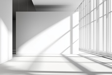 Obraz premium Modern empty gallery features blank white wall mockup. Sunny day with shadows. Wide exposition template for contemporary art exhibitions. Large hall interior with big stand mock up. Ideal for art