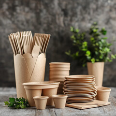 Eco friendly paper tableware and packaging made from biodegradable materials. zero waste and recycling concept. Green package or disposable for sustainable environmental and environmental protection