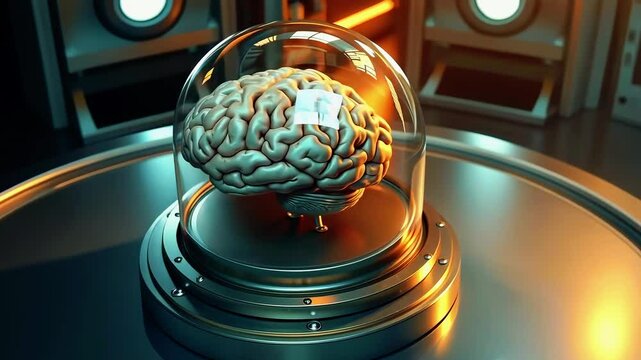 A realistic brain encased in a glass dome on a futuristic laboratory table, illuminated by ambient lights