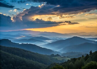 Fototapeta premium Blue golden sky sunrise dramatic beautiful mountain landscape. Dawn sky gold dusk time cloudy landscape with sunlight. Dramatic sunset over a mountain landscape. Beautiful landscape misty hills twilig