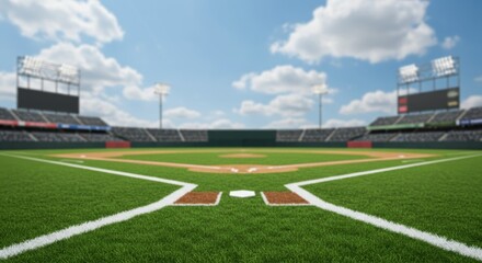 Green baseball field with stadium seats under sunny blue sky