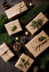 Collection of kraft paper gift boxes tied with twine and adorned with sprigs of evergreen