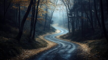 Obraz premium Winding Road Through a Dark Forest with Dense Trees and Misty Atmosphere, Capturing the Essence of Nature's Mystique and Serenity in Architectural Photography