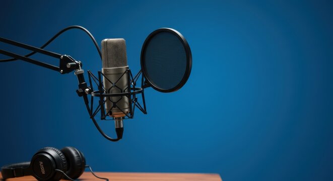 Professional podcast setup with microphone and headphones on blue background