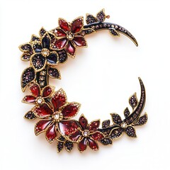 Crescent moon brooch, red flowers, white background, jewelry design