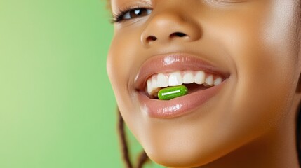 Obraz premium Joyful Woman Holding Green Capsule In Her Smile