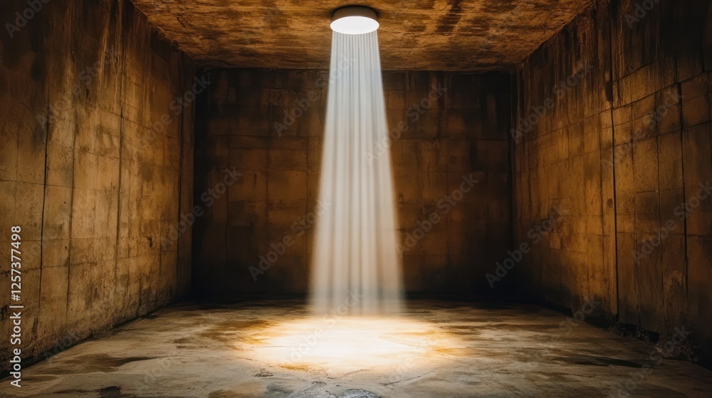 Poster Light Beam Illuminates Empty Room with Textured Walls and Floor in Mysterious Environment