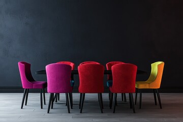 Dining room in viva magenta 2025, crimson chairs, space for decor, 3D.