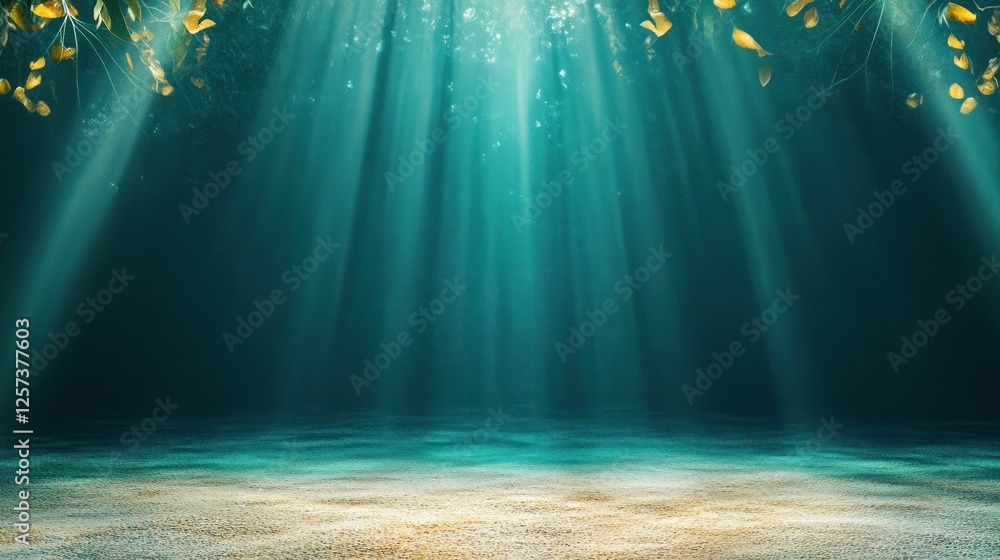 Poster sunlight rays streaming through clear water in peaceful underwater scene with gentle sand texture