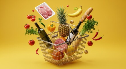 Floating grocery basket with fresh produce and wine on vibrant yellow background