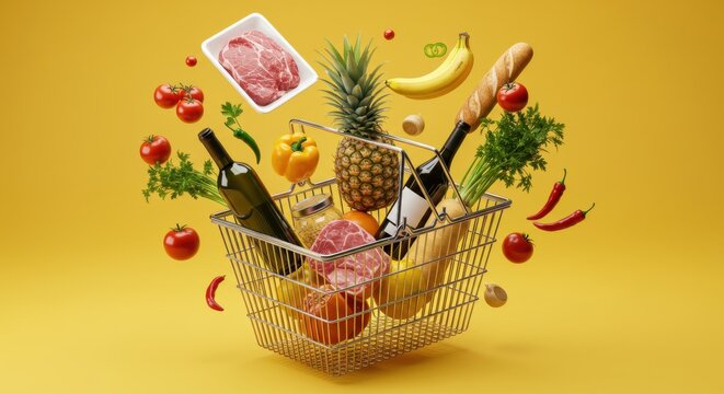 Floating grocery basket with fresh produce and wine on vibrant yellow background