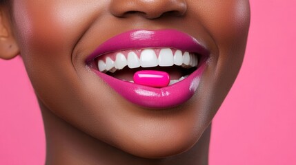 Fototapeta premium Radiant Smile Featuring Pink Capsule For Health