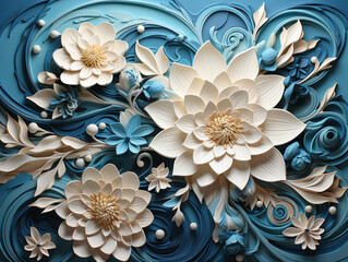 Elegant floral relief art featuring white lotus flowers and blue accents, showcasing intricate details and harmonious blend of colors