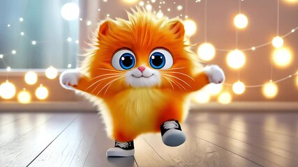 Adorable cheerful funny orange cat dancing and smiling. Cute fluffy happy kitten with blue eyes in sneakers jumping on background with bokeh lights. Funny video with dancing cartoon cat for kids party