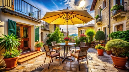 Obraz premium Sunny patio furniture: inviting outdoor cafe with umbrella, chairs, and relaxing ambiance.