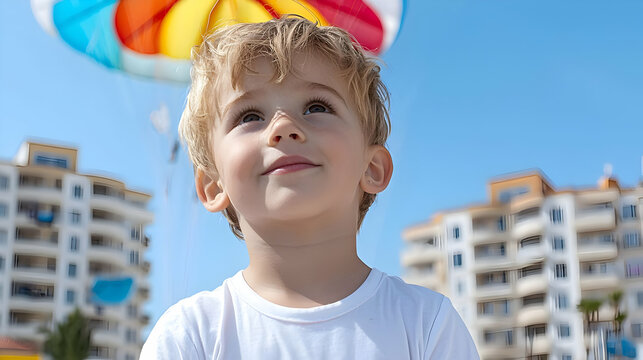 Child watching parasailing, beach resort, summer fun