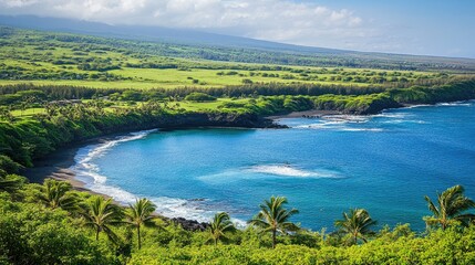 A breathtaking aerial view of a secluded beach with lush green palm trees and vibrant blue ocean waves
