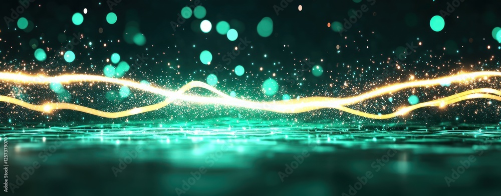Poster Glowing Waves of Light with Bokeh Effect on a Dark Background in a Digital Style