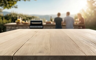 Minimalist Light Wood: A smooth, light-colored wooden table with clean lines and a matte finish sits in the foreground, with a softly blurred background of an outdoor BBQ gathering. 