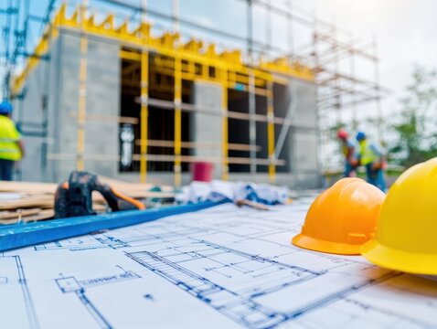 Construction site featuring blueprints hard hat and safety equipment on worktable and surrounding environment