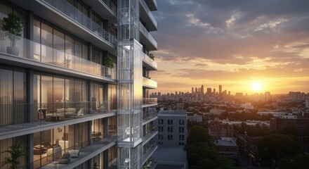Modern city apartment balconies overlooking urban skyline at sunset