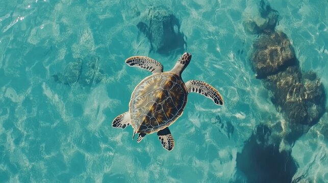 A breathtaking underwater shot of a sea turtle gliding through clear blue waters