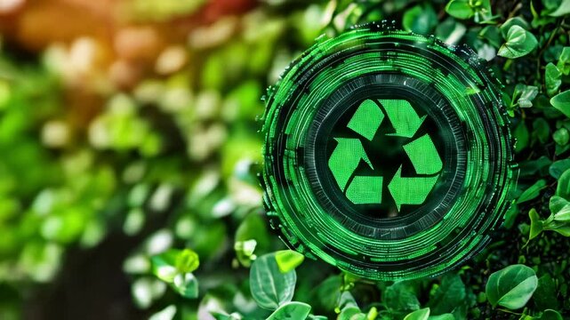 A recycling symbol, stylized as a digital code, superimposed on an image of lush green vegetation. The concept of environmentally friendly technologies or digitalization in the field of ecology.
