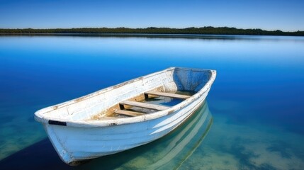 Naklejka premium A bright blue lake at midday, with a single rowboat drifting on its surface
