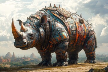 Fototapeta premium A colossal mechanized rhino stands overlooking ancient temples