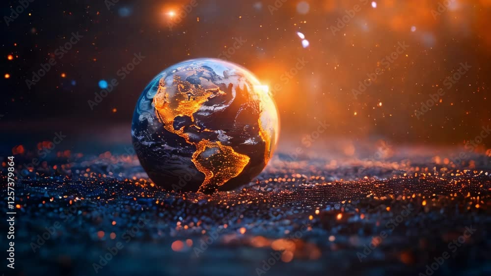 Aufkleber a model of the earth illuminated from the inside on a surface resembling dark sand or cosmic dust, c