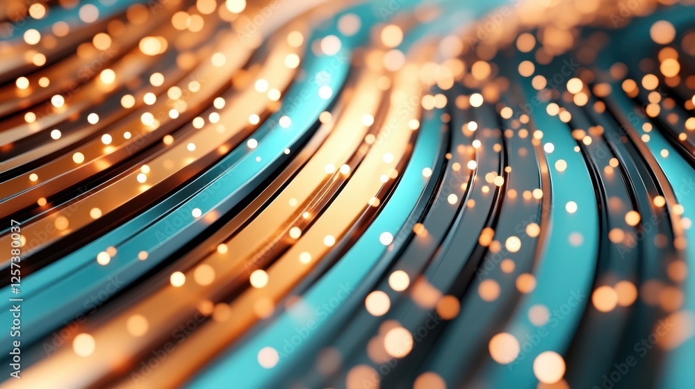 Poster Abstract Wavy Background with Shimmering Gold and Blue Lights in Flowing Curves and Patterns