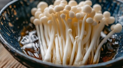 Enoki mushrooms, drenched in a delicious soy sauce with content Asian ambiance
